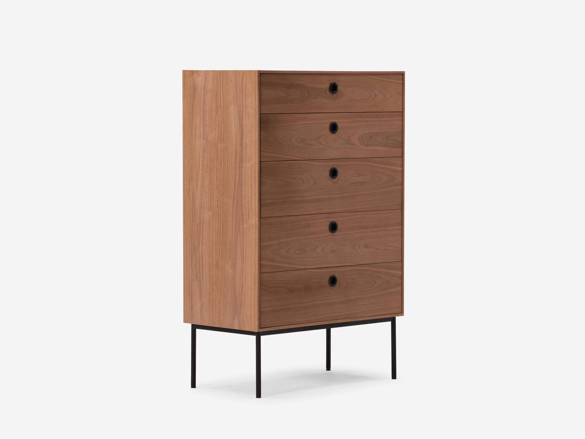 Front angle view of walnut mid century chest of drawers